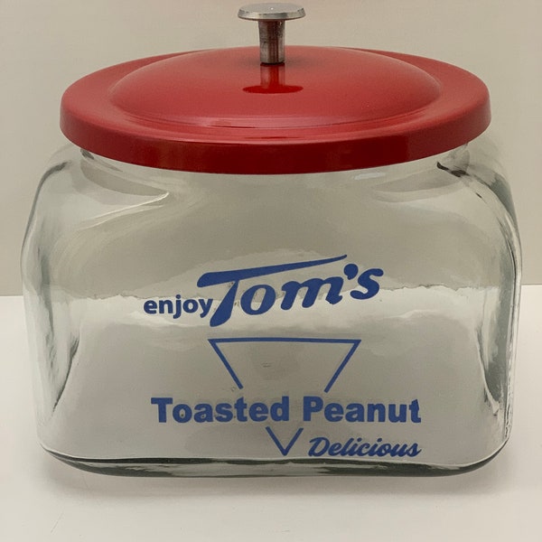 Toms Peanut Counter Pot met Deksel Blauwe Letters Country Store Display Koekjestrommel Snoeppot Keuken Aanrecht Opberger Country Store Look