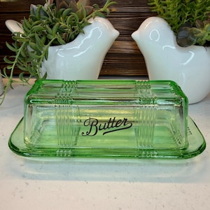 Green Depression Style Glass Butter Dish with Cover, Vintage Style Farmhouse Kitchen Gift, Cooking, Cottage, Retro Decor
