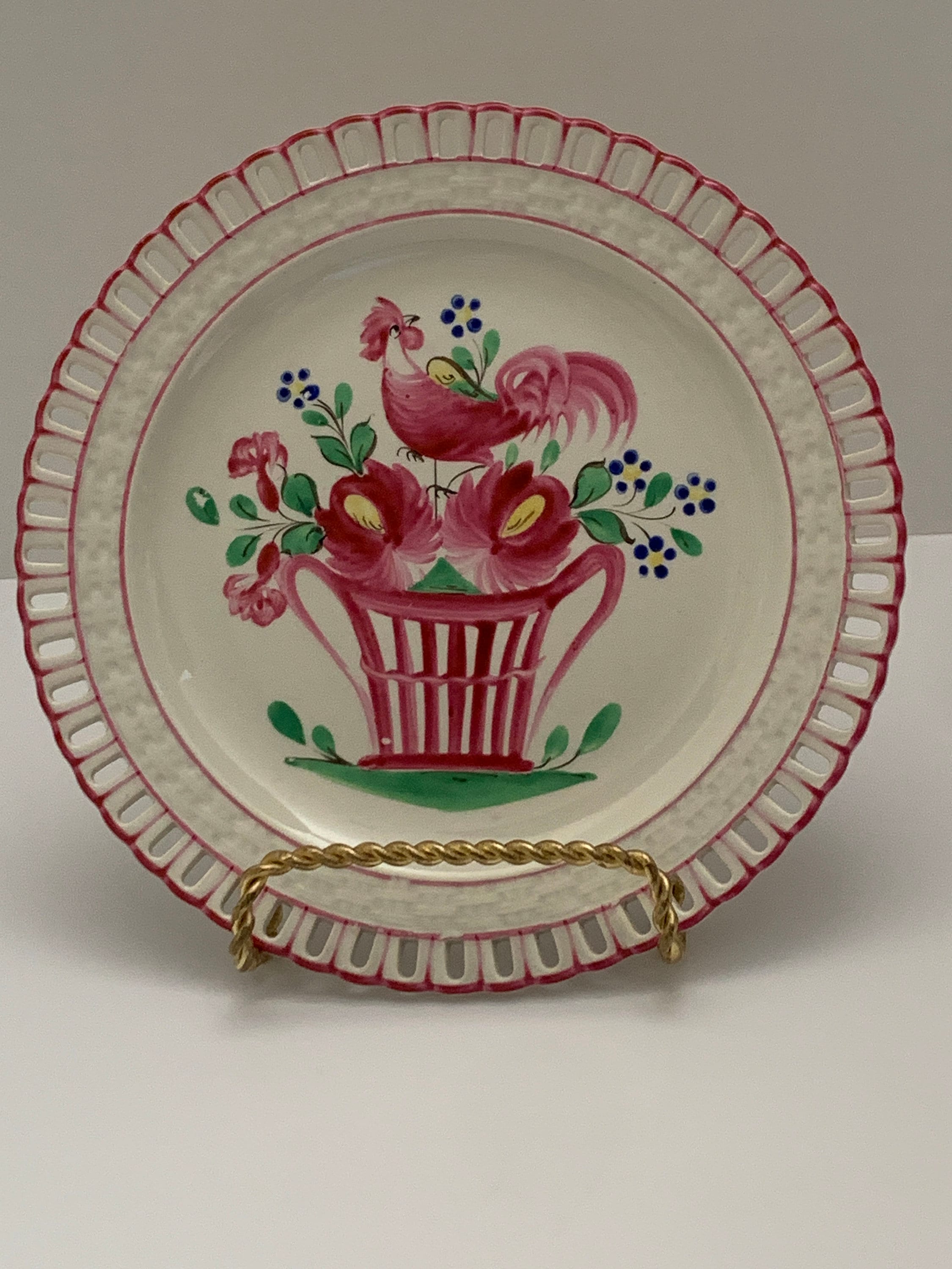 Decorative Hand Painted K & G France Luneville Rooster Floral