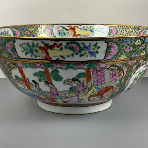 Antique LARGE Chinese Famille Rose Mandarin Porcelain Punch Bowl, Hand Painted Figure Scene, Raised Painted Relief, 19th Century Chinese