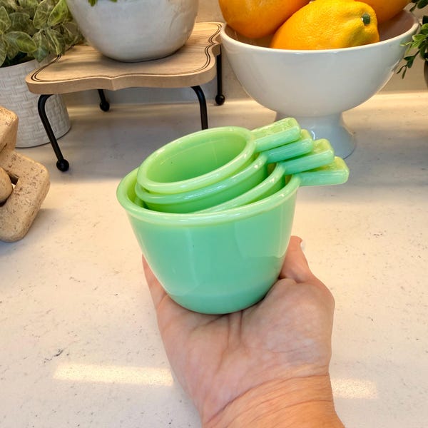 Jadeite Green Depression Style Glass 4 Piece Nesting Measuring Cup Set Marked Handles - Vintage Style, Kitchenware, Farmhouse, Cottage