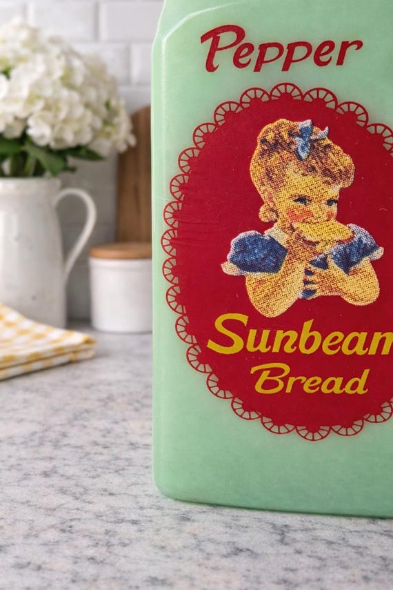 Jadeite Salt & Pepper Shakers - Sunbeam Bread Logo - Depression