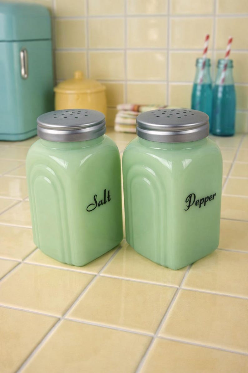 May include: A pair of vintage-style, light green glass salt and pepper shakers with silver lids. The word "Salt" is written on one shaker, and "Pepper" on the other. The shakers are on a yellow tiled surface.