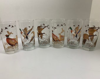 Set of 6 Libby Glass Wild Game Birds High Ball Glasses, Two Each of 3 Different Bird Designs, Bird Lovers, Hunting Enthusiasts