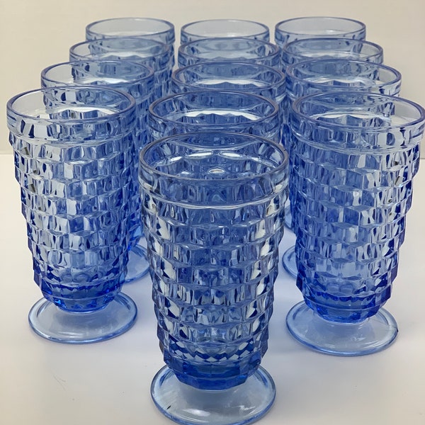 Vintage Blue Cube Patterned Glasses Iced Tea Water Tumblers Pedestal Base Farmhouse Collectible Display Cottage Retro Kitchen Decor