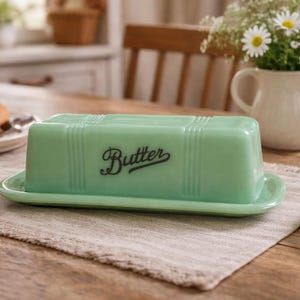 Könnte beinhalten: Hellgrüne Butterdose mit dem Wort "Butter" in Schreibschrift. Die rechteckige Dose hat einen Deckel und steht auf einem passenden Tablett. Die Szene umfasst Brot, ein Messer und eine Vase mit Blumen.