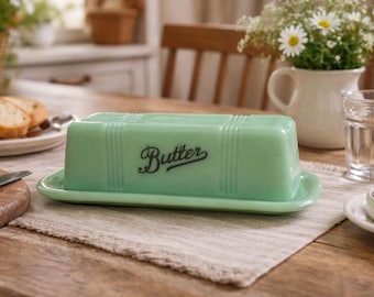 Jadeite Butter Dish with Lid – Green Milk Glass Butter Keeper – Farmhouse Cottage Kitchen Decor