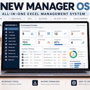Pode incluir: Uma tela de laptop exibindo o New Manager OS, um sistema de gestão tudo-em-um no Excel. O painel apresenta um centro de comando com métricas para membros da equipe, reuniões 1:1, ações pendentes, progresso de metas e plano de 90 dias.