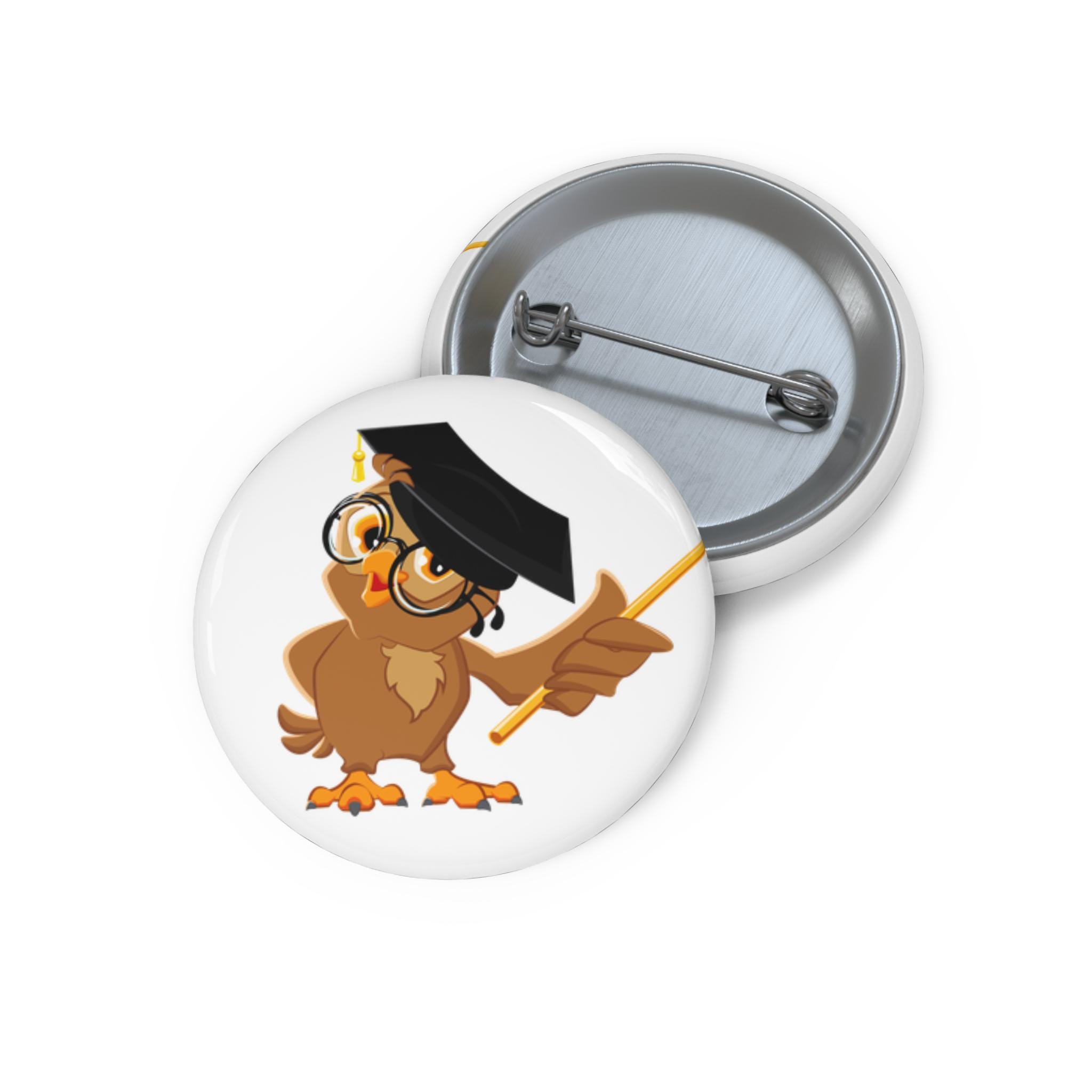 Graduation Owl Button Pin | Round Pinback Badge, Cap and Diploma Design