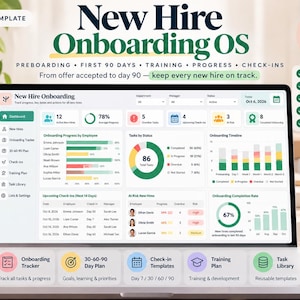 Op de afbeelding: Een digitaal New Hire Onboarding OS Excel-sjabloon weergegeven op een laptopscherm, met een dashboard met voortgangsgrafieken, taakstatussen en tijdlijnen. De interface bevat secties voor inwerken en in totaal 9 tabbladen.