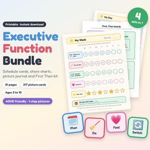 Executive Function Bundle, ADHD Friendly Visual Schedule, Chore Chart, Kids Journal, First Then Board