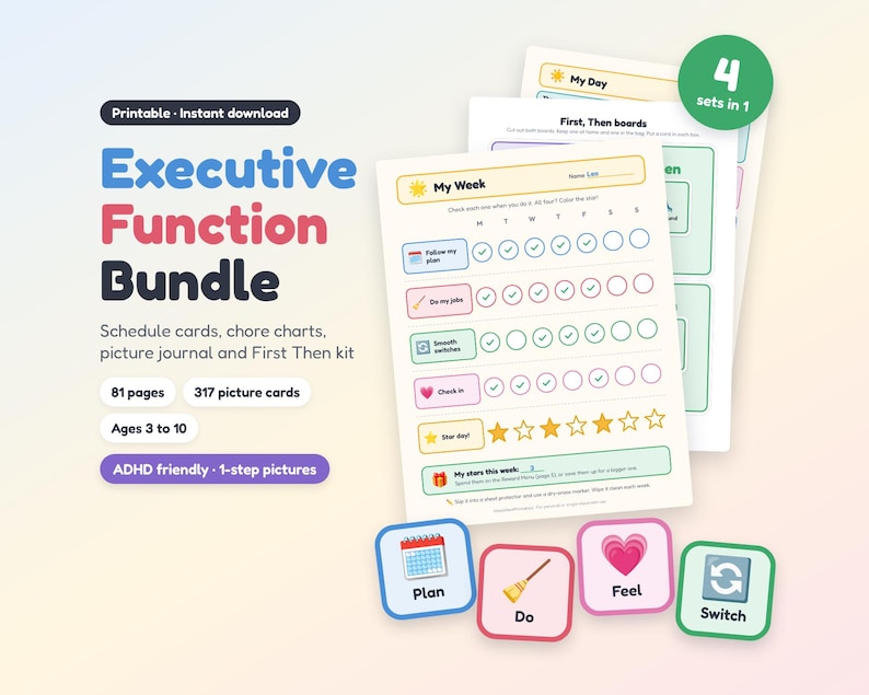 Executive Function Bundle, ADHD Friendly Visual Schedule, Chore Chart, Kids Journal, First Then Board image 1