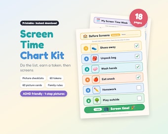 May include: A printable screen time chart kit featuring 18 pages of checklists. The document includes numbered rows with icons for tasks like shoes away, unpack bag, wash hands, eat snack, homework, and play outside, ending with screen time.