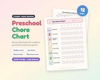 May include: A printable chore chart for children featuring a weekly grid with rows for tasks like making the bed, putting toys away, and brushing teeth. Each task includes a small icon and seven empty circles for tracking daily progress.