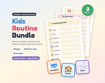 Puede incluir: Un paquete de rutinas para niños imprimible que incluye una tabla de rutina matutina con iconos para tareas diarias, tablas de tareas y 291 tarjetas con imágenes. El texto incluye Kids Routine Bundle, My Morning Routine, My Chore Chart, Breakfast, School, Bath.