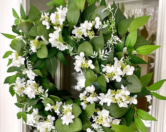 White Hydrangea and Eucalyptus and Fern Wreath for Front Door Wreath for Spring and Summer White Floral Wreath for Mothers Day Gift for Mom