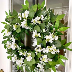 White hydrangea eucalyptus wreath, front door wreath, spring wreath, summer wreath, white floral wreath, farmhouse wreath, Mother’s Day gift