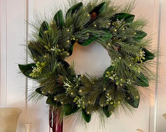 Neutral Winter Wreath for Front Door, Winter Evergreen and Magnolia Leaves Wreath, Magnolia Wreath, Christmas Wreath with Velvet Ribbon