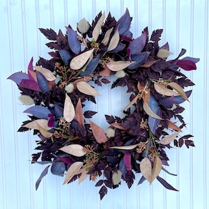 Purple Leafed Plum Eucalyptus and Natural Hares Tale Wreath, Farmhouse Wreath, Burgundy Wreath for Front Door