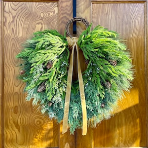 Norfolk Pine Wreath, Winter Wreath, Neutral Winter Evergreen Wreath, Faux Evergreen Winter Wreath, Rustic Winter Wreath, Heart Shaped Wreath