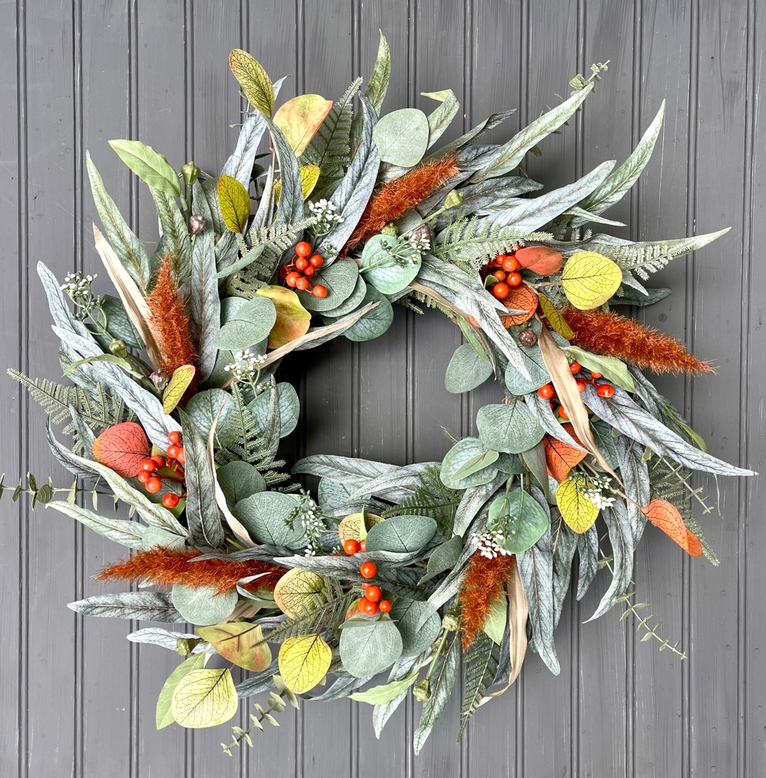 Fall Eucalyptus Wreath for Front Door, Fall Orange Berry Wreath ...