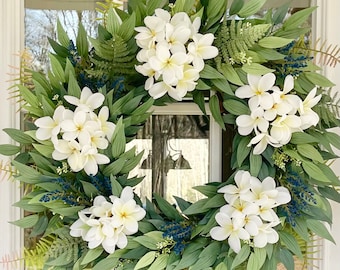 Eucalyptus White Flowers and Ferns Wreath For Spring and Summer Wreath for Front Door Wreath for Mothers Day Gift For Mom