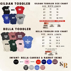 May include: A toddler t-shirt color chart featuring Gildan and Bella brands with corresponding size charts in inches. The Gildan section lists sizes 2T through 5T with width and length measurements. The Bella section lists sizes 2T through 5T with width and length measurements. Includes color swatches for infant Bella Canvas and Rabbit Skins.