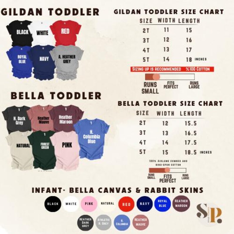 Peut inclure: Un tableau des tailles pour les t-shirts Gildan et Bella Toddler. Le tableau indique les mesures de largeur et de longueur en pouces pour les tailles 2T, 3T, 4T et 5T. Le tableau comprend &eacute;galement des informations sur la coupe des t-shirts, qui peuvent &ecirc;tre petits, parfaitement ajust&eacute;s ou grands.