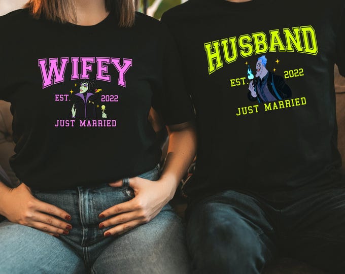Disney Villain Wedding Shirt Set, Just Married Wifey Husband Tees, Maleficent and Hades Couple Shirts, Custom Disney Trip