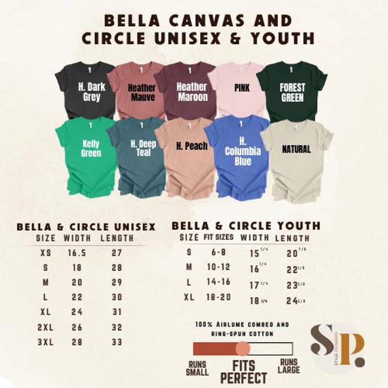 May include: A collection of ten short-sleeve t-shirts in various colors including dark grey, mauve, maroon, pink, forest green, kelly green, deep teal, peach, columbia blue, and natural, with a size chart for unisex and youth fits in inches.