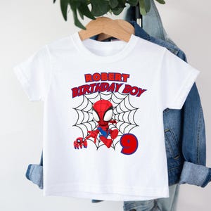 Spidey and Friends Birthday Boy Shirt, Ghost-Spider Superhero Tee, Personalized Name & Age Outfit image 3