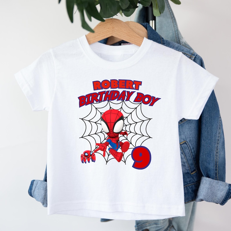 Spidey and Friends Birthday Boy Shirt, Ghost-Spider Superhero Tee, Personalized Name & Age Outfit image 3