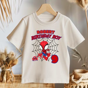 Spidey and Friends Birthday Boy Shirt, Ghost-Spider Superhero Tee, Personalized Name & Age Outfit image 5