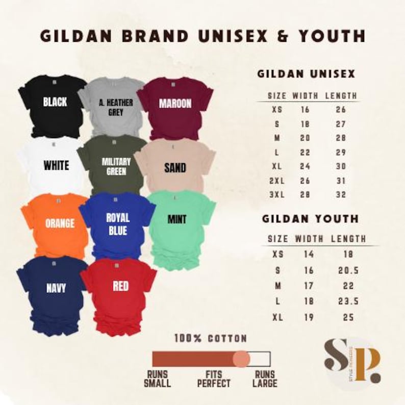 May include: A Gildan brand unisex and youth t-shirt color chart displaying eleven shirt colors including black, heather grey, maroon, white, military green, sand, orange, royal blue, mint, navy, and red, with two size charts in inches and a fit scale.