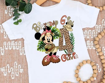 Minnie Safari Birthday Girl Shirts Custom Name Age Safari Family Vacation Shirts, Animal Kingdom Shirts, Mickey and Friends Disney shirts.