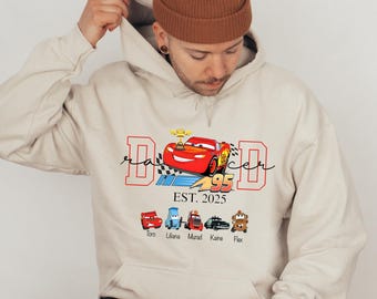 Lightning McQueen Dad Sweatshirt, Custom with Kids Names Cars Hoodie, Father’s Day Gift, Disney Cars Dad Shirt
