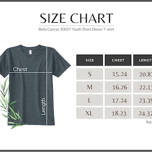 May include: Size chart for Bella Canvas 3001Y Youth Short Sleeve T-shirt. The chart shows sizes S, M, L, and XL with corresponding chest and length measurements in inches.