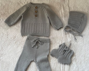 Ensemble bébé qui rentre à la maison fait main tenue-bébé tricot hôpital tenue-bébé pull bonnet pantalon chaussettes ensemble - vêtements pour nouveau-nés en coton bio-accessoire photo