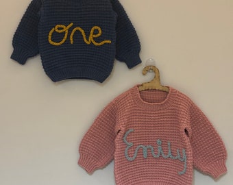 Hand Embroidered Baby name sweater,personalized sweater, Gift for girls and boys,Newborn name sweater,knit Baby jumper,one year sweater