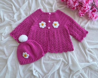 Cardigan e cappello all'uncinetto con margherite per neonati, set regalo per baby shower