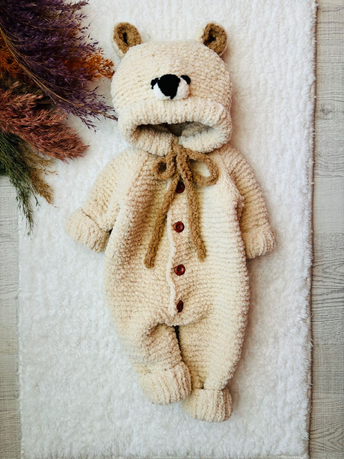 Baby Cartoon Bear Style Button Front Design Long Sleeve Plush Rompers