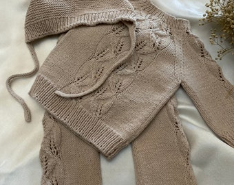 Lot de 3 tenues d'hôpital pour bébé qui rentre à la maison - Ensemble cadeau pour nouveau-né en tricot de chapeau et pantalon en tricot pour nouveau-né - Ensemble cadeau pour nouveau-né en coton