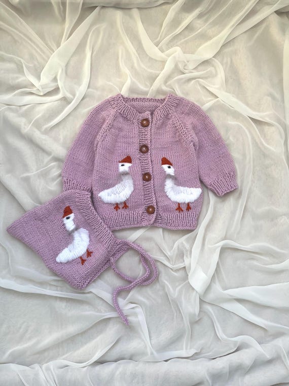 Goose Embroidered Baby Sweater Set: Hand-knitted Bonnet Cardigan