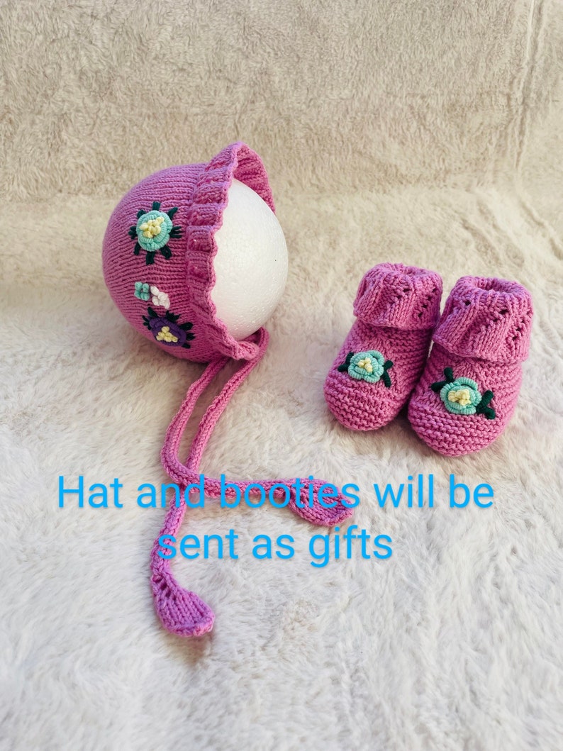 Set of 3,Baby girl romper bonnet booties set,newborn Gift box,knit Baby photo prop,newborn coming home hospital outfit,white Baby romper image 2