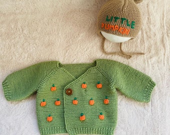 Baby girl or boy pumpkin cardigan bonnet set,Baby Halloween costum,little pumpkin Embroidered cardigan for Baby,Hallowen Gift for babies