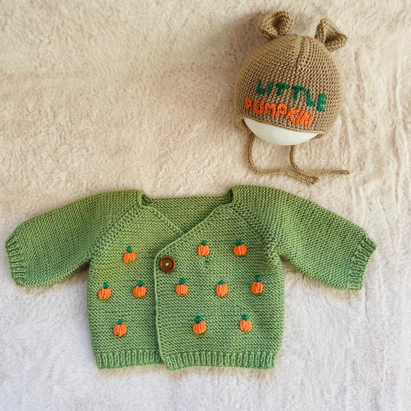 Baby girl or boy pumpkin cardigan bonnet set,Baby Halloween costum,little pumpkin Embroidered cardigan for Baby,Hallowen Gift for babies