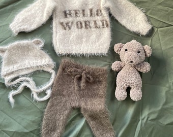 Knitted Newborn coming home set of 3-Baby hospital Outfit-Baby sweater pants bonnet set-newborn hello world sweater- Baby photo prop