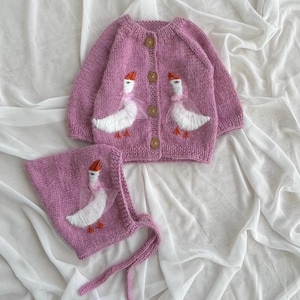 Goose Embroidered Baby Sweater Set: Hand-Knitted Bonnet & Cardigan