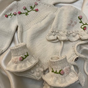Set of 3,Baby girl romper bonnet booties set,newborn Gift box,knit Baby photo prop,newborn coming home hospital outfit,white Baby romper image 3