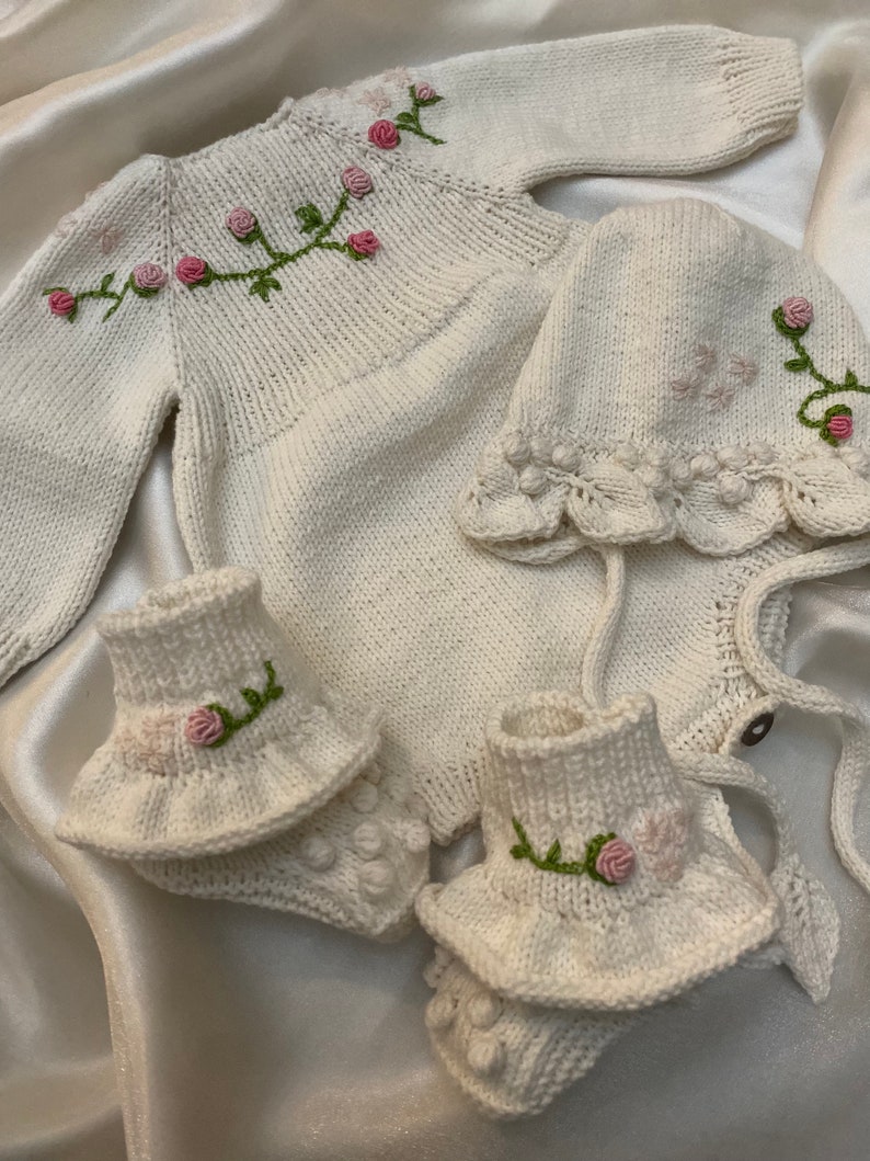 Set of 3,Baby girl romper bonnet booties set,newborn Gift box,knit Baby photo prop,newborn coming home hospital outfit,white Baby romper image 3